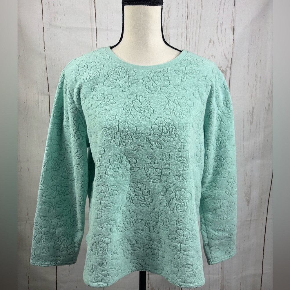 Oscar De La Renta Women's Tiffany Blue Fleece Pullover Embossed Floral Pattern